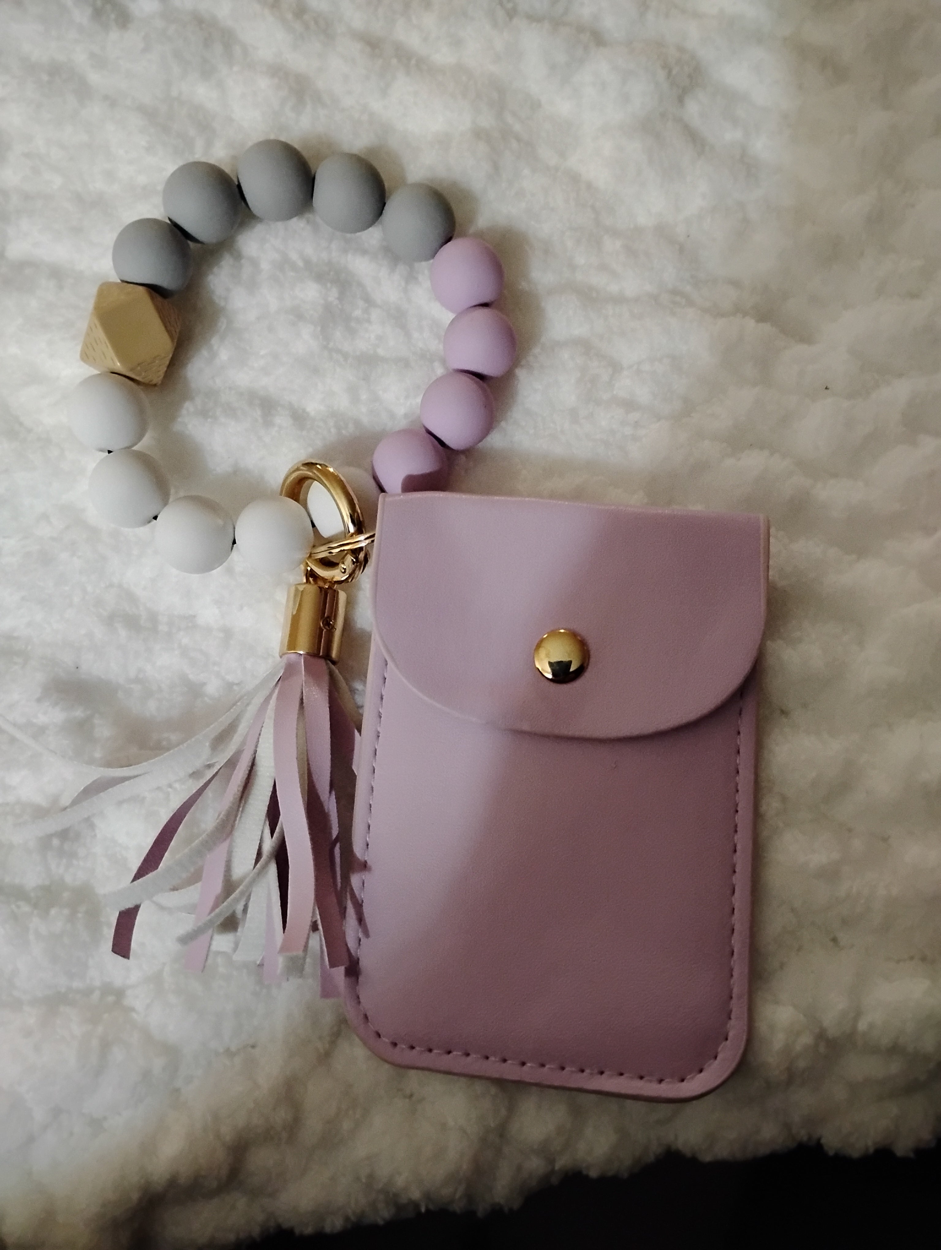 Purple, Grey & White Beaded Wristlet Card Wallet