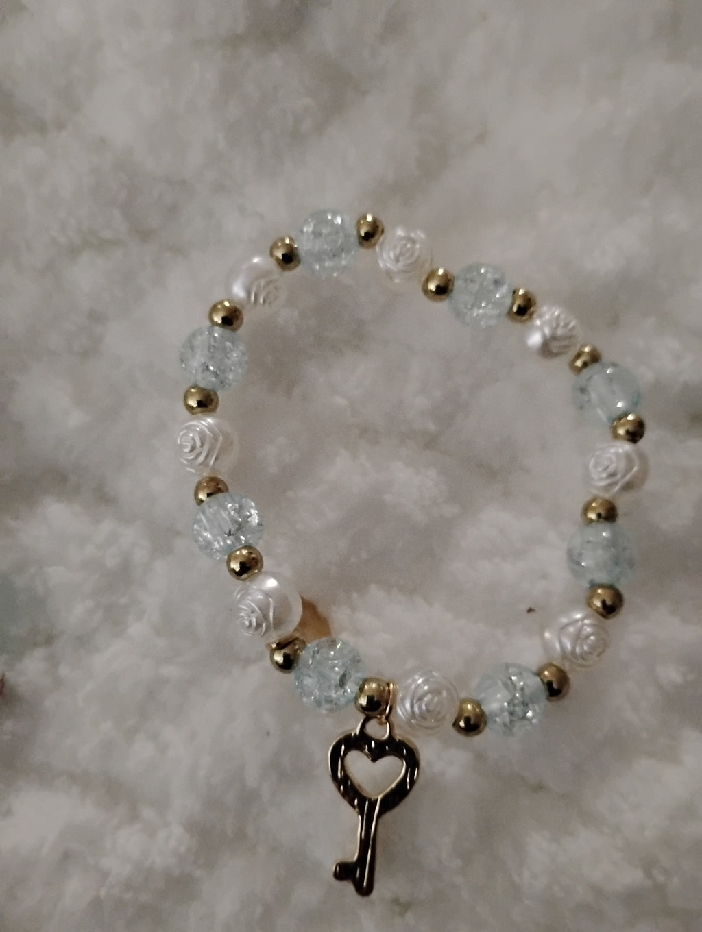 Children's Beautiful White & Blue Crystal Beaded Bracelet with Key Charm