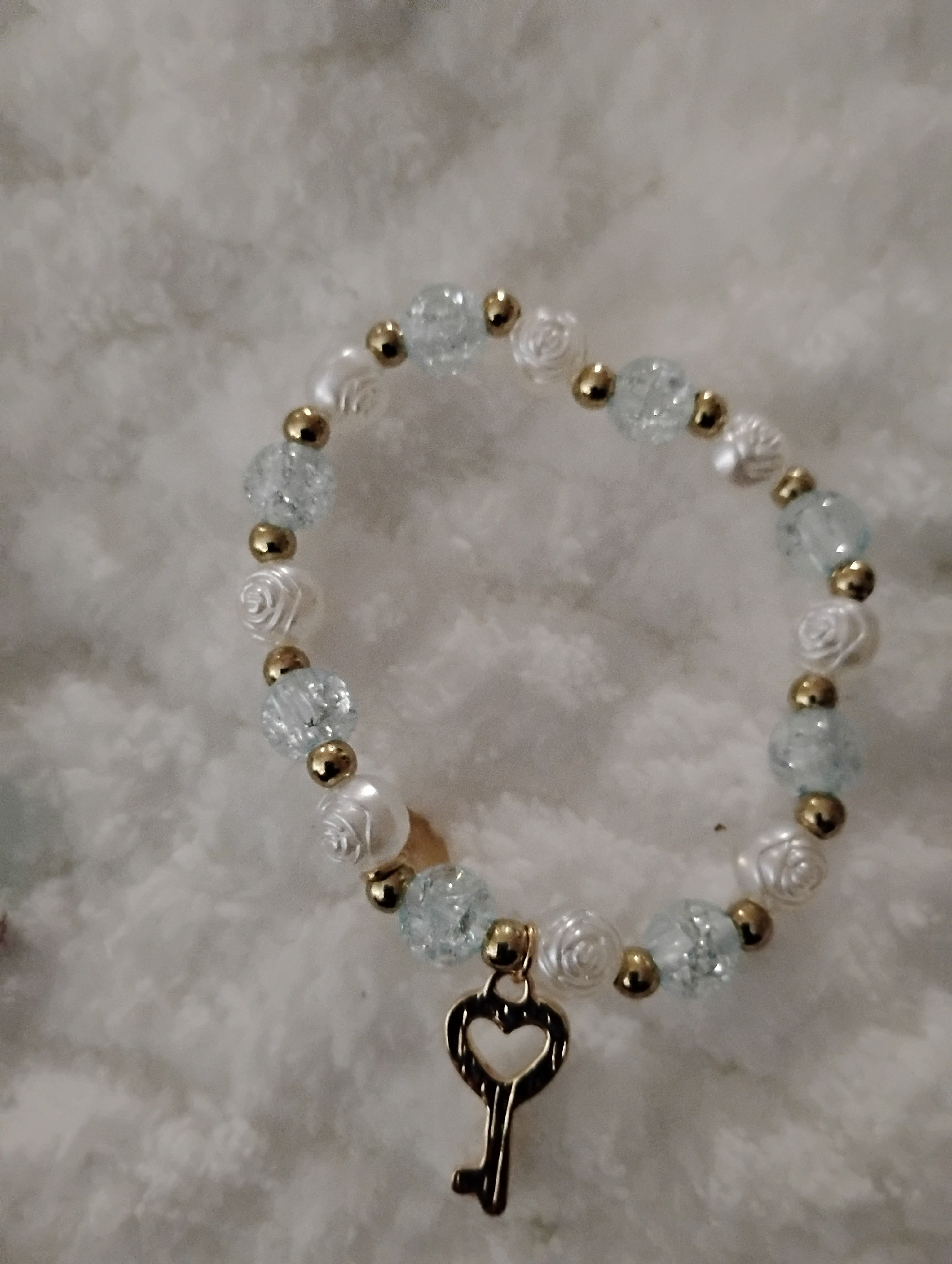 Children's Beautiful White & Blue Crystal Beaded Bracelet with Key Charm