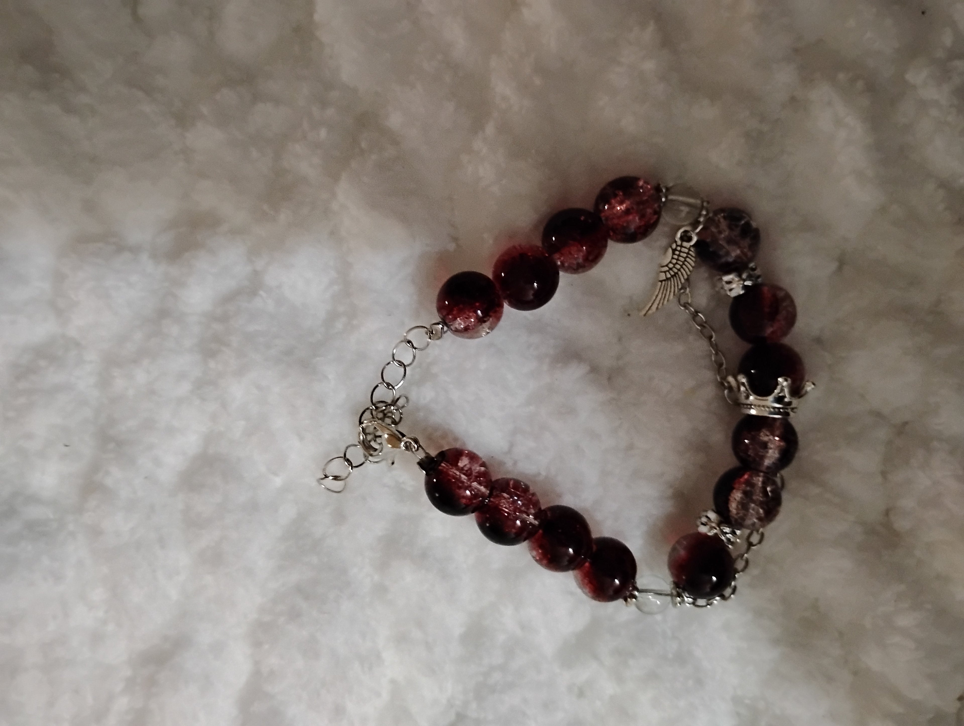 Children's Dark Red Beaded Bracelet with Angel Wing Silver Charm