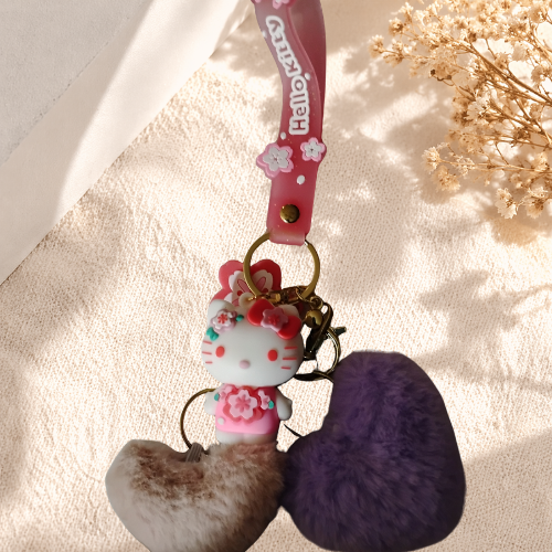 Hello Kitty PVC Keychain with Purple & Mauve Fluffy Heart