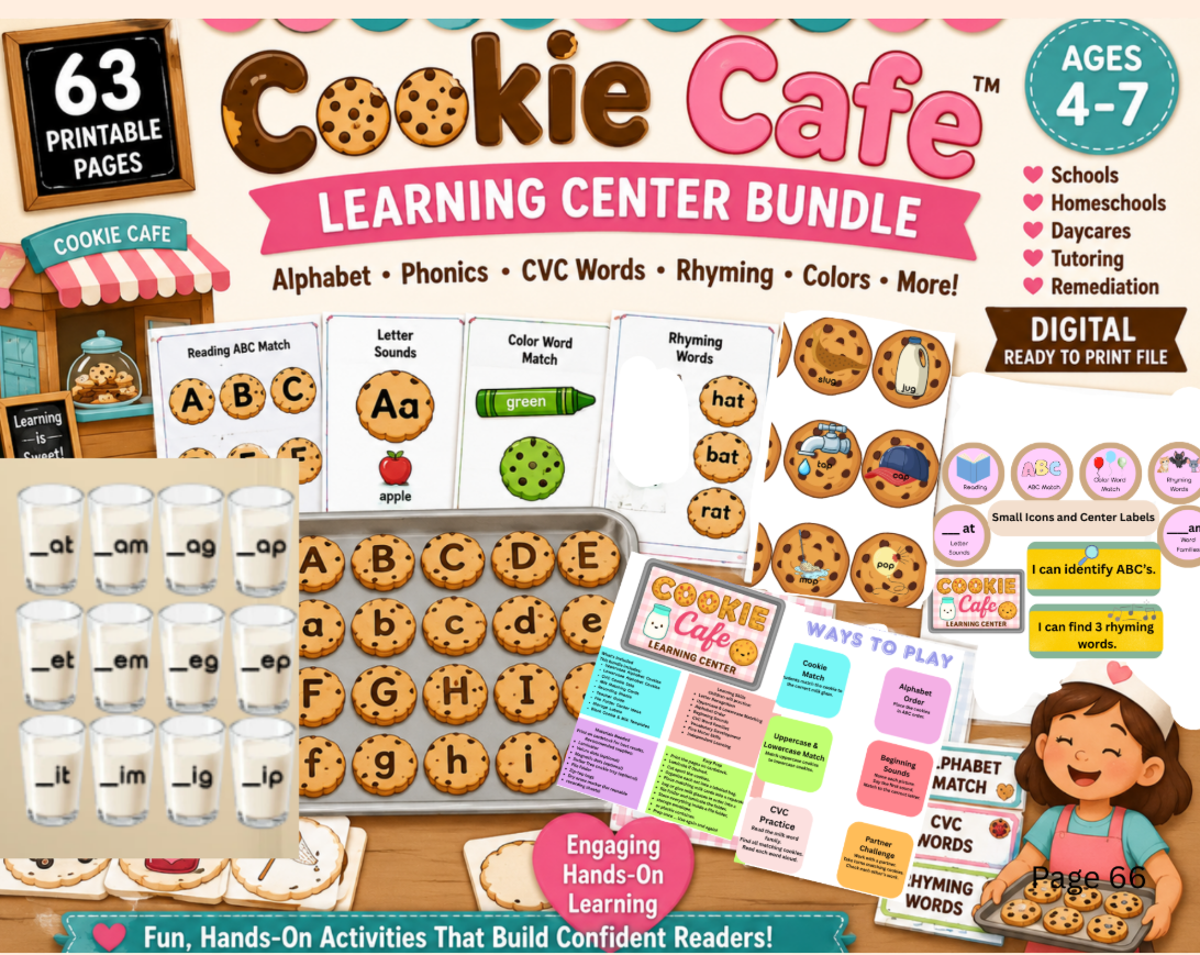 Lowercase alphabet letters on milk glass cups - Cookie Cafe Learning Center