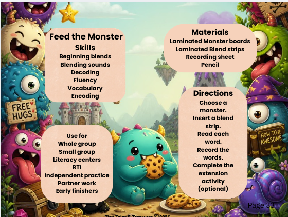 Product preview page showing monster theme and Tiny Tales and Treasures branding