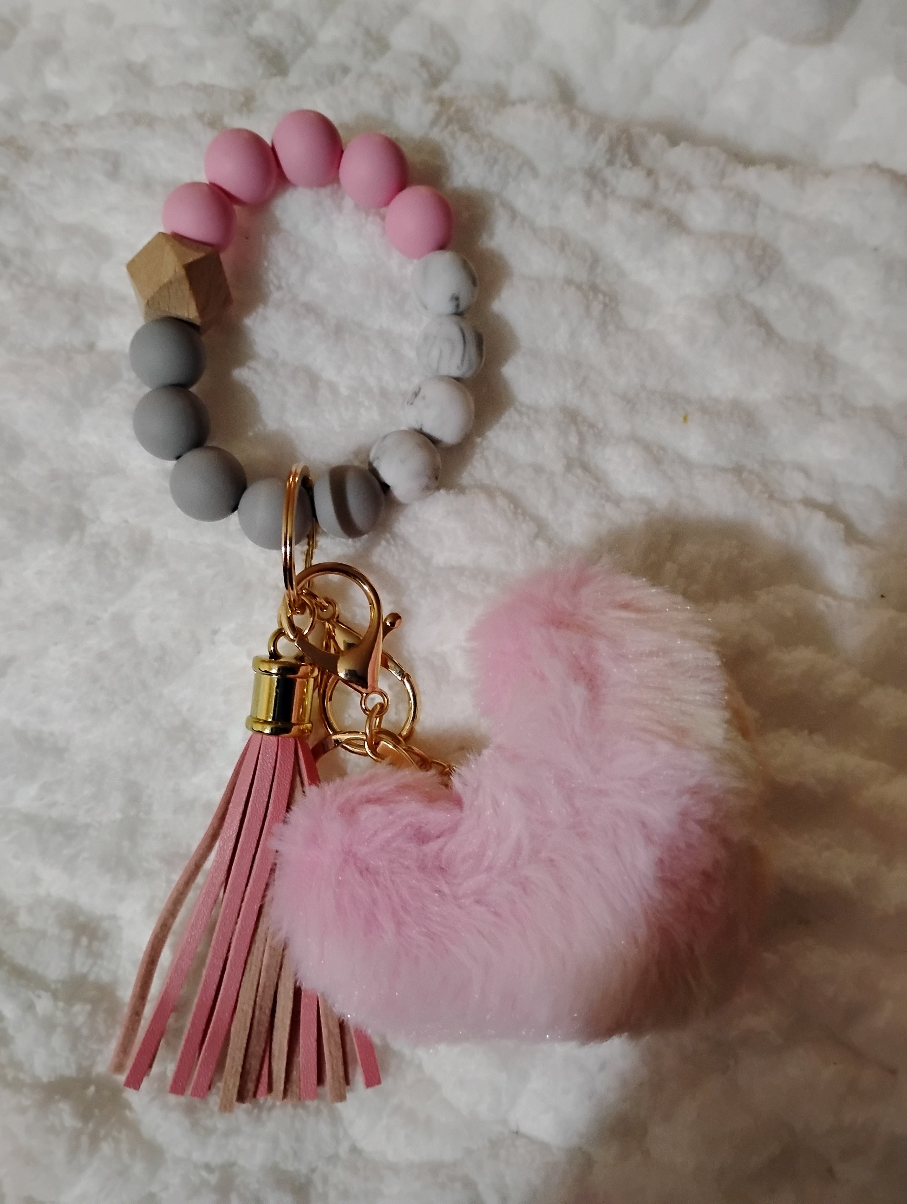 Pink & Grey Beaded Wristlet with Tassel & Fluffy Pink Heart Keychain