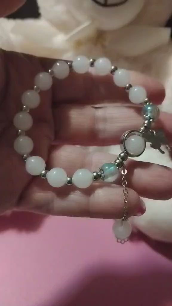 Children's White Beaded Bracelet with Butterfly Silver Charm