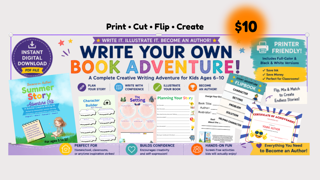 Summer Story Adventure Kit – Printable Creative Writing Activity for Kids Ages 5–12 – Digital Download PDF